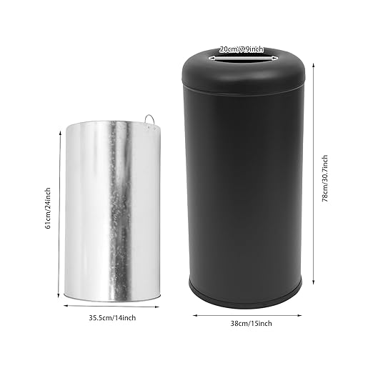 15.48 Gallon Commercial Trash Can, Black Open Top Outdoor Indoor Waste Container Stainless Steel Large Garbage Enclosure with Lid, 15 x 30.7 inch