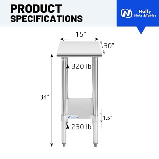 Hally Stainless Steel Table for Prep & Work 30 x 15 Inches, NSF Commercial Heavy Duty Table with Undershelf and Galvanized Legs for Restaurant, Home and Hotel