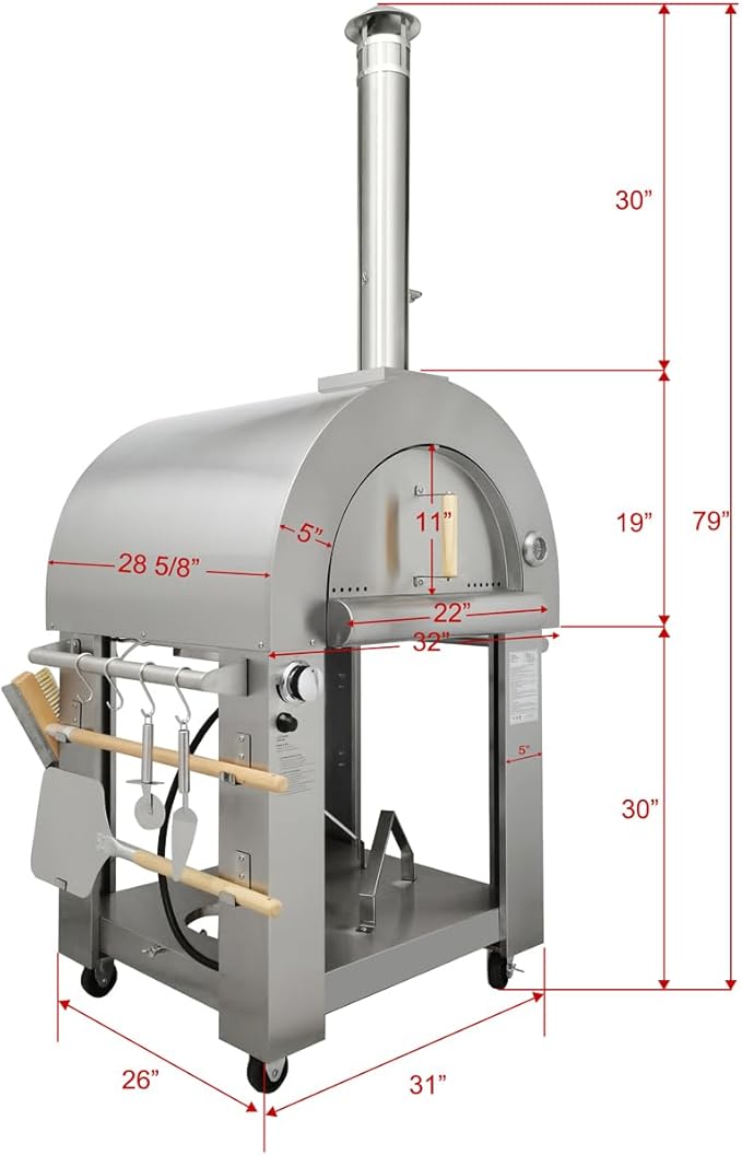 32.5" Wood Fired & Propane Gas Pizza Oven with Waterproof Cover, Large Outdoor Oven with Open Shelf and Wheels for BBQ, Grilling, Stainless Steel Pizza Oven for Outdoor, Backyard and Party (Red)