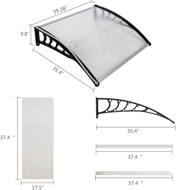 Simply-Me 40" x 40" Door Window Awning Polycarbonate Cover Front Door Outdoor Patio Awning Canopy UV Rain Snow Protection Hollow Sheet (Silver & Black Bracket)