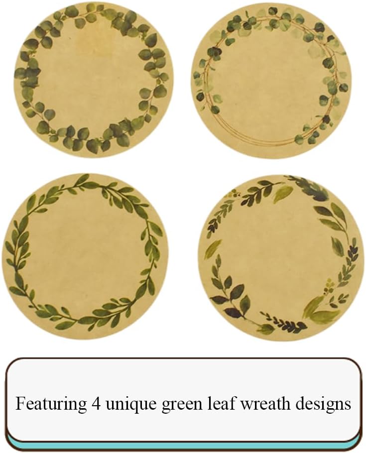 HAHIYO 2In 500P Round Natural Brown Kraft Stickers with Green Leaf Wreath Design - 4 Unique Styles Blank Kraft Labels Roll to Write On Durable Dot Stickers for Jar Canning Price Tags Store Organizing
