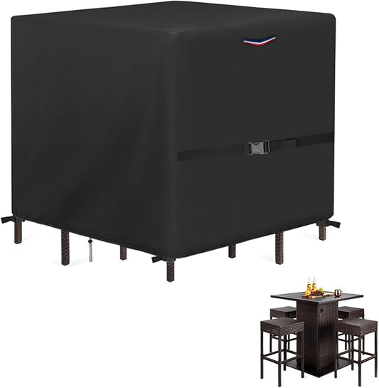 Outdoor Wicker Table Set Cover, Waterproof Cover for 5 Piece Square Patio Bar Height Table & Chair Sets, Heavy Duty Outdoor Bar Tables and Stools Sets Covers - 60"L x 60"W x 38"H