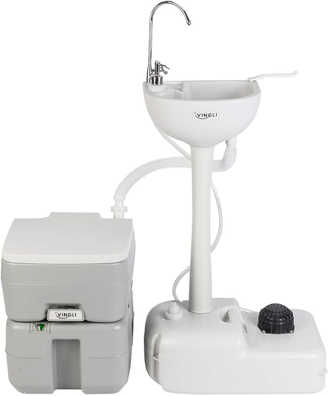 VINGLI Upgraded Portable Sink and Toilet Combo| Self-contained 5 Gal Hand Washing Station & 5.3 Gal Flushing Toilet, Perfect for Camping/RV/Boat/Road Tripper/Camper, Detachable & Lightweight