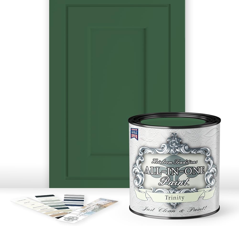 ALL-IN-ONE Paint, Durable cabinet and furniture paint. Built in primer and top coat, no sanding needed. Includes our 30 featured color card - Trinity (green), Quart