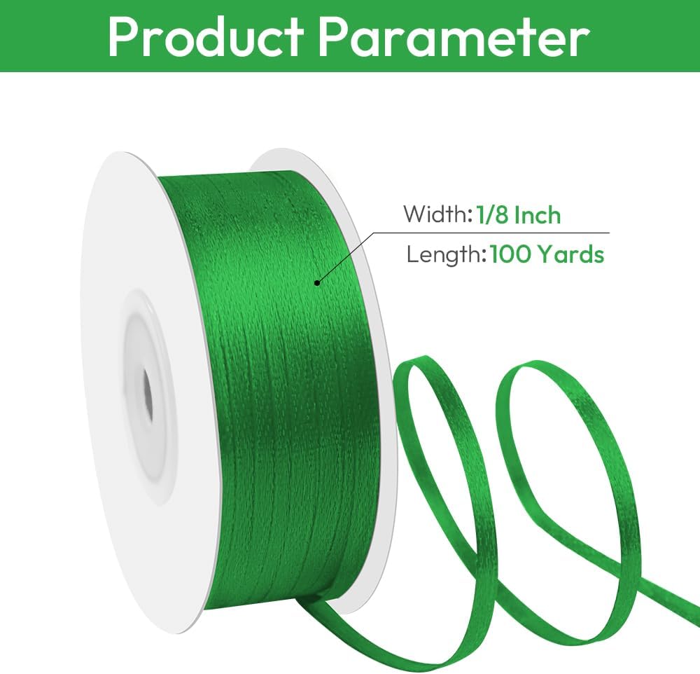 1/8" Width x 100 Yards Satin Ribbon, Small Green Ribbon Perfect for DIY Craft, Bows, Gift Wrapping, Flower Bouquet, Valentine's Day, Christmas and Party Decoration