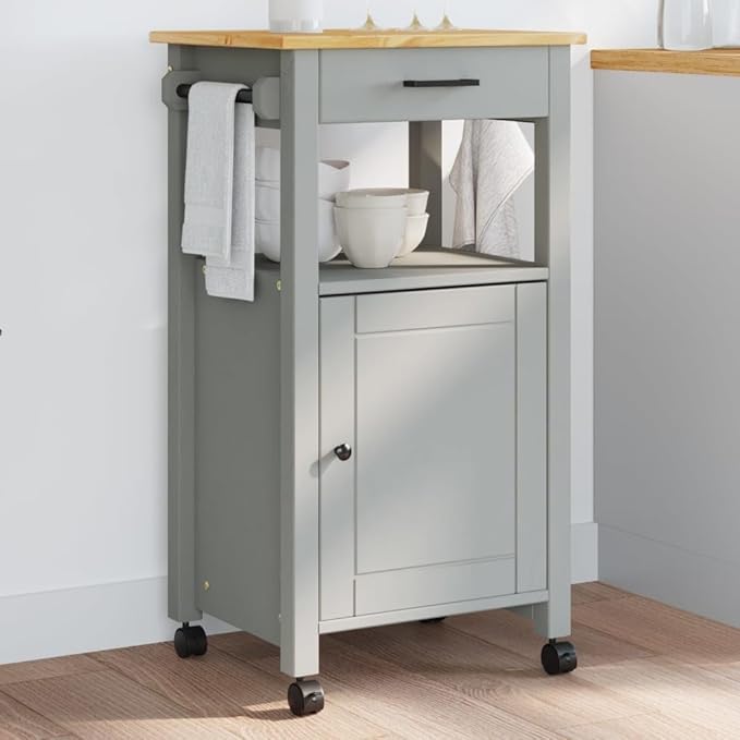 Kitchen Trolley Monza Rolling Kitchen Island Cart with Storage, Portable Dining Room Serving Utility Carts, Gray 18.9" x 15.7" x 35.4" Solid Wood Pine KH73A