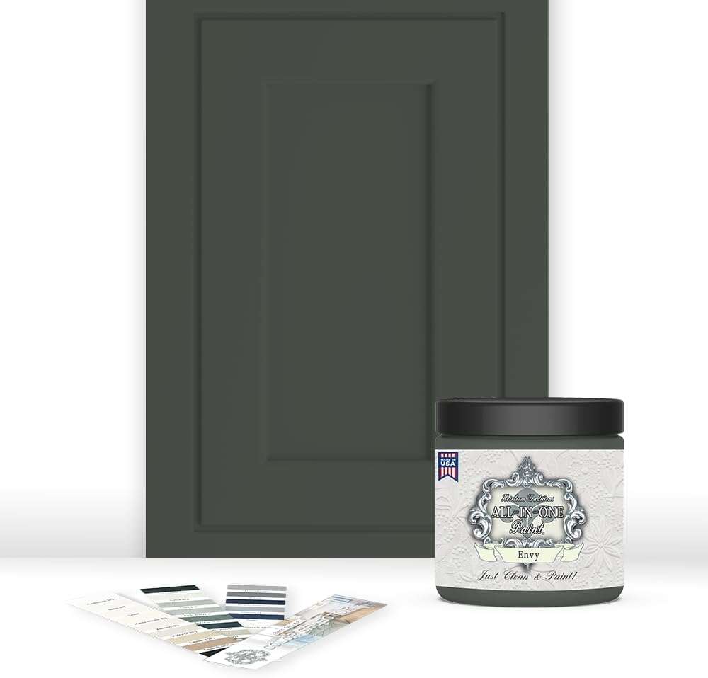ALL-IN-ONE Paint, Durable cabinet and furniture paint. Built in primer and top coat, no sanding needed. Includes our 30 featured color card - Envy (slate green), 8oz Sample