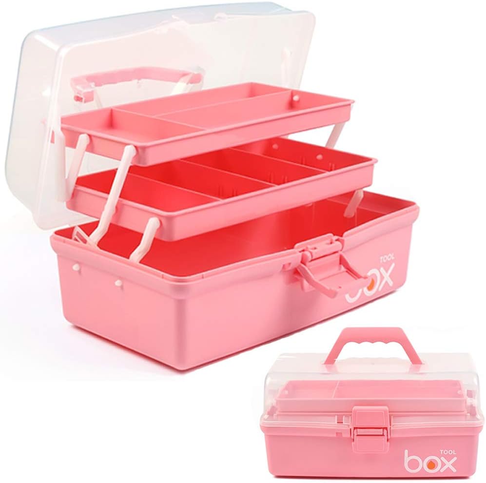 12in Three-Layer Multipurpose Storage Box Organizer Folding Tool Box/Art & Crafts Case/Sewing Supplies Organizer/Family First Aid organizer/Medicine Storage with 2 Trays (Pink)