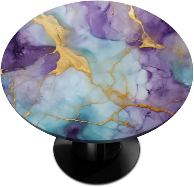 Marble Purple Gold Blue Round Table Cloth Cover, Elastic Edge Waterproof Wipeable Tablecloths 36"-42" Polyester Tablecloth for Party Restaurant Banquet Holiday Camping Outdoor Picnic