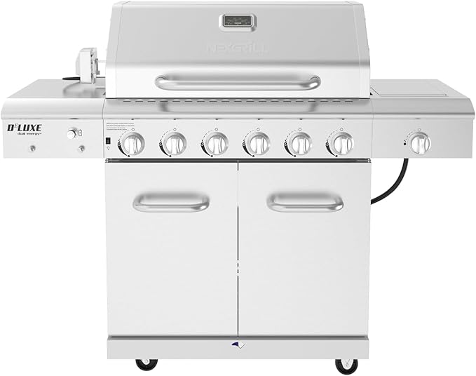 Nexgrill Deluxe 6-Burner Propane Gas Grill with Ceramic Searing Side Burner, Stainless Steel Frame, Rotisserie Kit, 60,000 BTUs Output, BBQ Grill Perfect for Outdoor Gatherings - 720-0896X