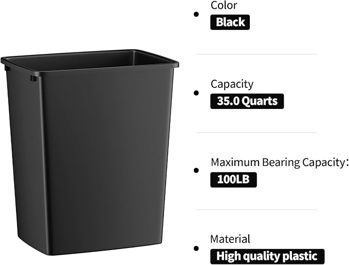 ROOMTEC 35QT Kitchen Trash Can, Sturdy and Lightweight Slim Trash Can, Trash Cans for Kitchen, Workspace, Bathroom, Office, Easy to Clean, 1 Pack, Black