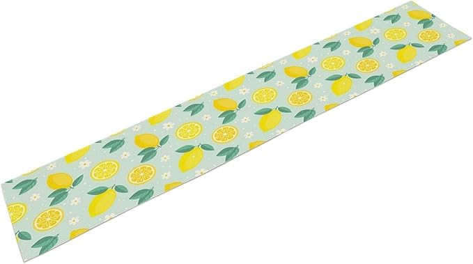 Spring Lemon Table Runner, Summer Seasonal Green Leaves Flowers Yellow Fruit Print Table Runner for Farmhouse Kitchen Dining Table Home Party Decor 13x90in