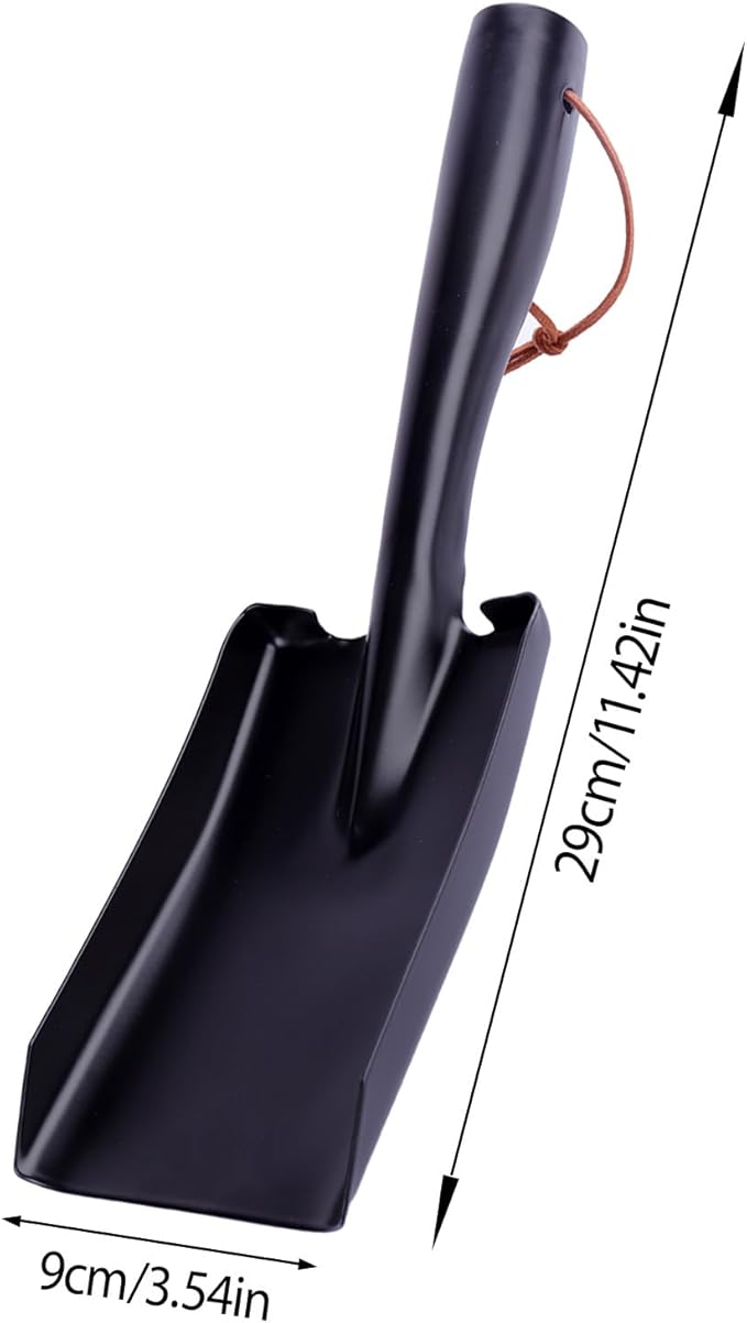 Metal Garden Ash Shovel, Black Steel, Compact Size with Leather Strap, for Fireplace, BBQ, Charcoal Cleanup