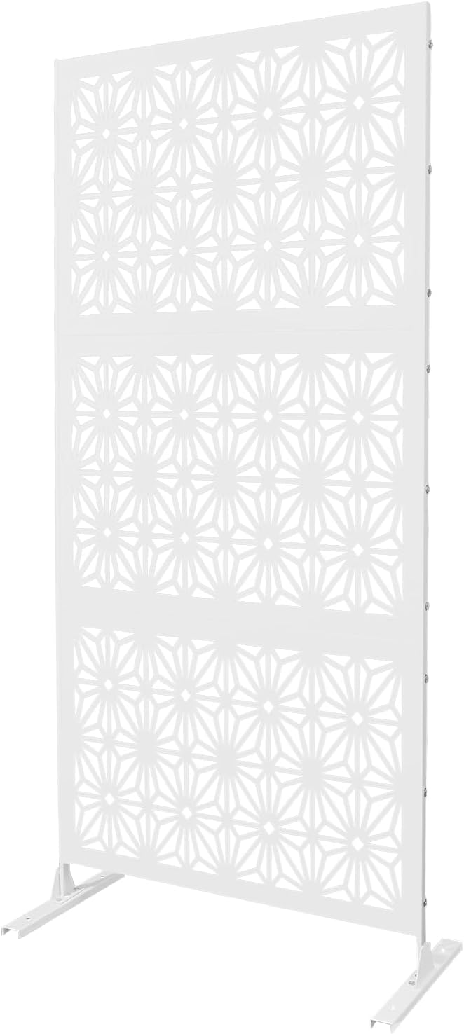 75" H×35" W Decorative Outdoor Privacy Screen with Stand, Outdoor Decor Privacy Fence Screen Metal Fence Panels, Free Standing Metal Divider for Patio Lawn Deck (White-Snowflake)