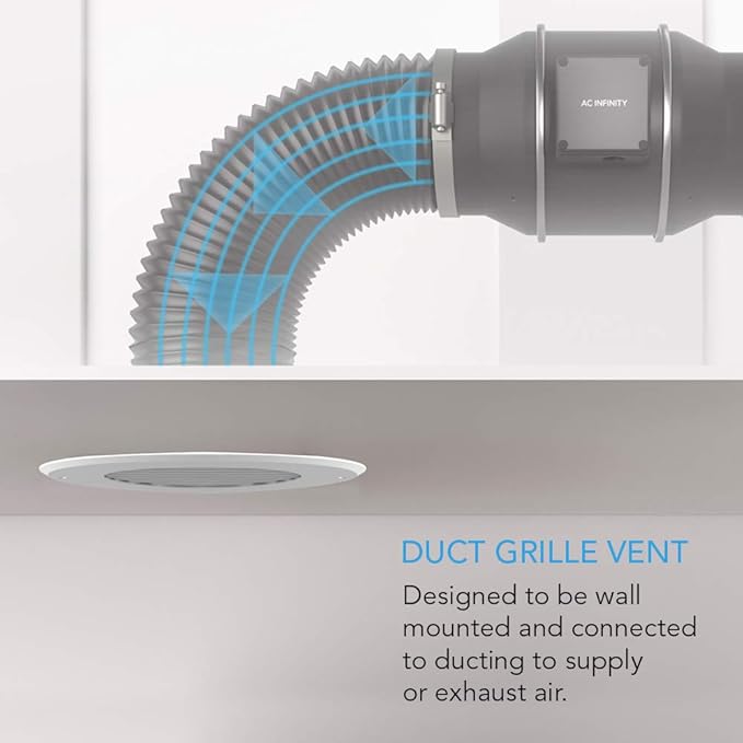 AC Infinity Wall-Mount Duct Grille Vent for 6-Inch Ducting, White Metal, Heating Cooling Ventilation and Exhaust