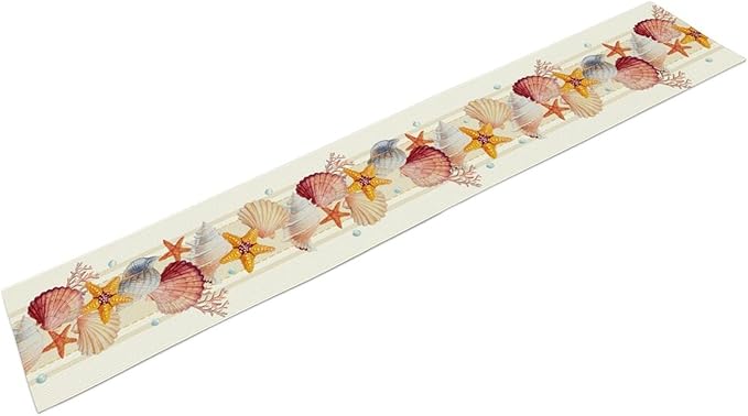 Coastal Table Runner, Yellow Coastal Starfish Coral Shell Pearl Beach Ocean Watercolor Summer Coffee Table Center Decor for Holiday Party Kitchen Outdoor Farmhouse Table Decorations, 13" X 36"