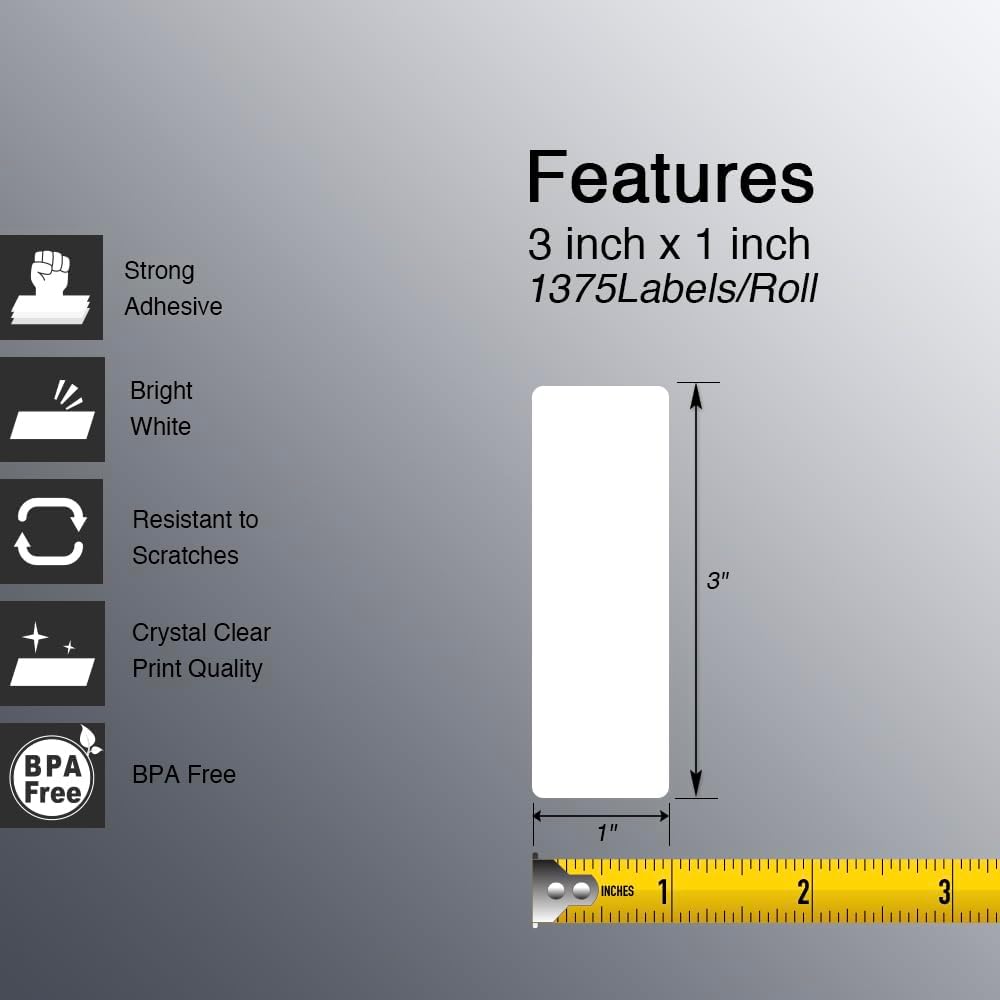 BETCKEY - 3" x 1" (76 mm x 25 mm) Address Removable Film Label - Durable Waterproof - Compatible with Zebra & Rollo Label Printer [6 Rolls, 8250 Labels]