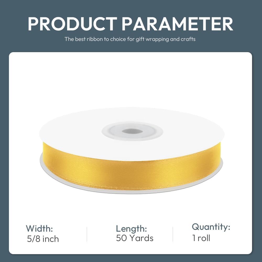 KMER LIFE 5/8" Wide x 50 Yards Yellow Single Faced Polyester Satin Ribbon, Yellow Satin Ribbon Perfect for Wedding Decor, Wreath, Crafts, Gift Wrapping & Other Projects (Yellow)