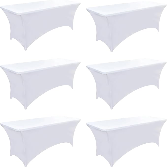 6-Pack 4ft White Spandex Table Covers for Rectangular Folding Tables - Wrinkle Resistant Stretch Tight Table Cloths - Ultimate Fitted Table Protector for Parties, Trade Shows, and Wedding
