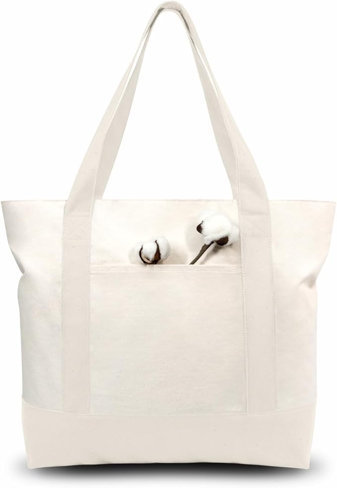 TOPDesign 30-Pack Canvas Tote Bags with an External Pocket, Reusable Grocery Shopping Bags, Top Zipper Closure, Daily Essentials (Natural)