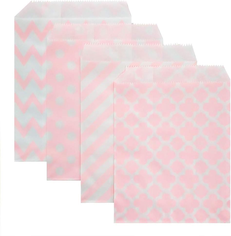 KEYYOOMY 100 Pcs Light Pink Candy Buffet Bags Small Cookie Bags Polka Dot Paper Treat Bags for Wedding Birthday Party (5 inch x 7 inch)