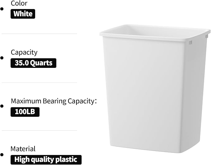 ROOMTEC 35QT Kitchen Trash Can, Sturdy and Lightweight Slim Trash Can, Trash Cans for Kitchen, Workspace, Bathroom, Office, Easy to Clean, 1 Pack, White