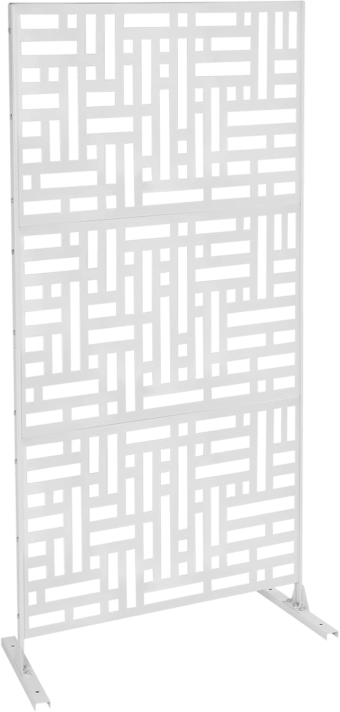 Outdoor Metal Privacy Screen with Stand, 35.4" W x 75" H Freestanding Metal Slatted Decorative Privacy Screen and Panels for Patio Garden Balcony Porch (White A)