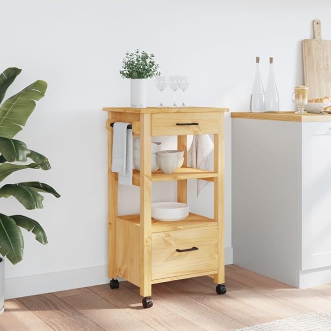 Kitchen Trolley Monza Rolling Kitchen Island Cart with Storage, Portable Dining Room Serving Utility Carts, Brown 18.9" x 15.7" x 35.4" Solid Wood Pine KH72A