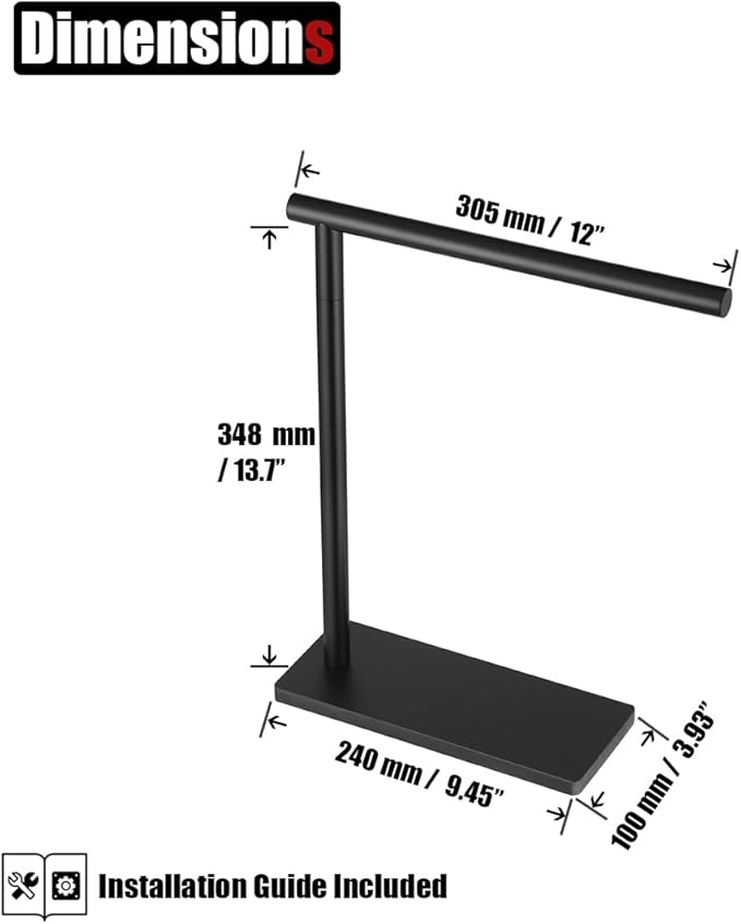 JQK Hand Towel Holder Stand Black, Modern Tree Rack Free Standing for Countertop with 12 Inch Bar, 304 Stainless Steel Matte Black Thicken 0.8mm, HTT170-PB