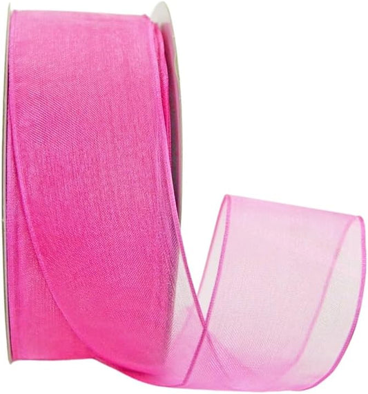 Ribbon Bazaar Sheer Organza Wired Ribbon - 100% Polyester Wire Edged Ribbon for Floral Decor, Table Arrangements, Apparel Embellishment & More - 2-1/2" Hot Pink 50yd