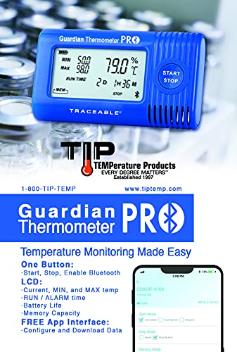 Guardian Thermometer PRO Bluetooth Temperature Data Logger, Internal Temperature Sensor, NIST Traceable Calibration Included, Configure and Download with Free App