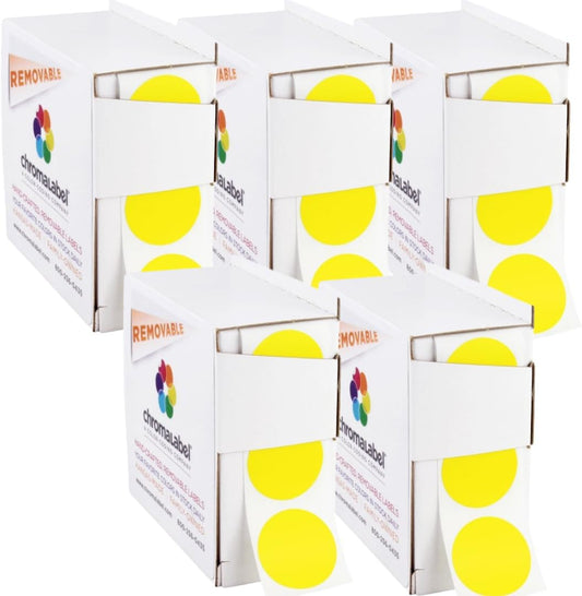 ChromaLabel 1 Inch Round Label Removable Color Code Dot Stickers, Easy to Write On Sticky Dots, 1000 Labels per Dispenser Box, Yellow - Case of 5