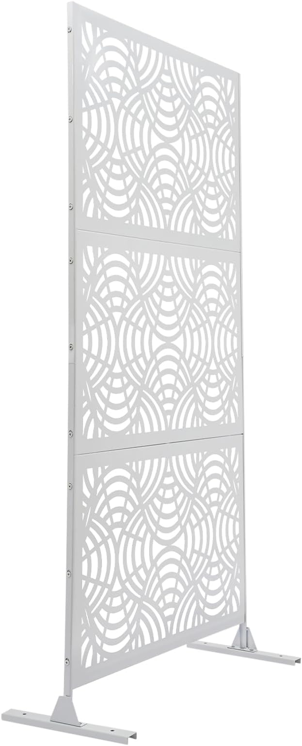 Metal Outdoor Privacy Screen with Stand,Freestanding Privacy Screen & Panels, Decorative Outdoor Divider with Stand Panels for Deck Patio Balcony (35.43 * 74.8in White)