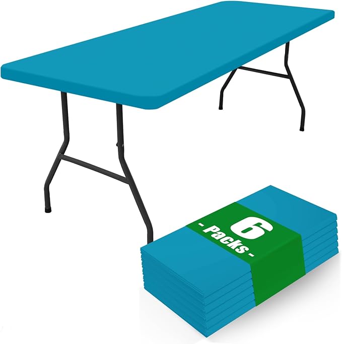 Spandex 8 Foot Rectangle Table Cloth 6 Pack, Elastic Fitted Tablecloths for Picnic, Stretch Washable Patio Table Cover for Outdoor, Camping, Banquet and Parties (Teal, 30"x96")