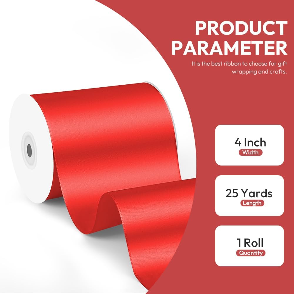 4 Inch x 25 Yard Red Satin Ribbon - Perfect for Gift Wrapping, Cutting Ribbons, Ceremony Décor, Wedding Bouquets, Embroidery, Christmas Crafts & Sewing Projects