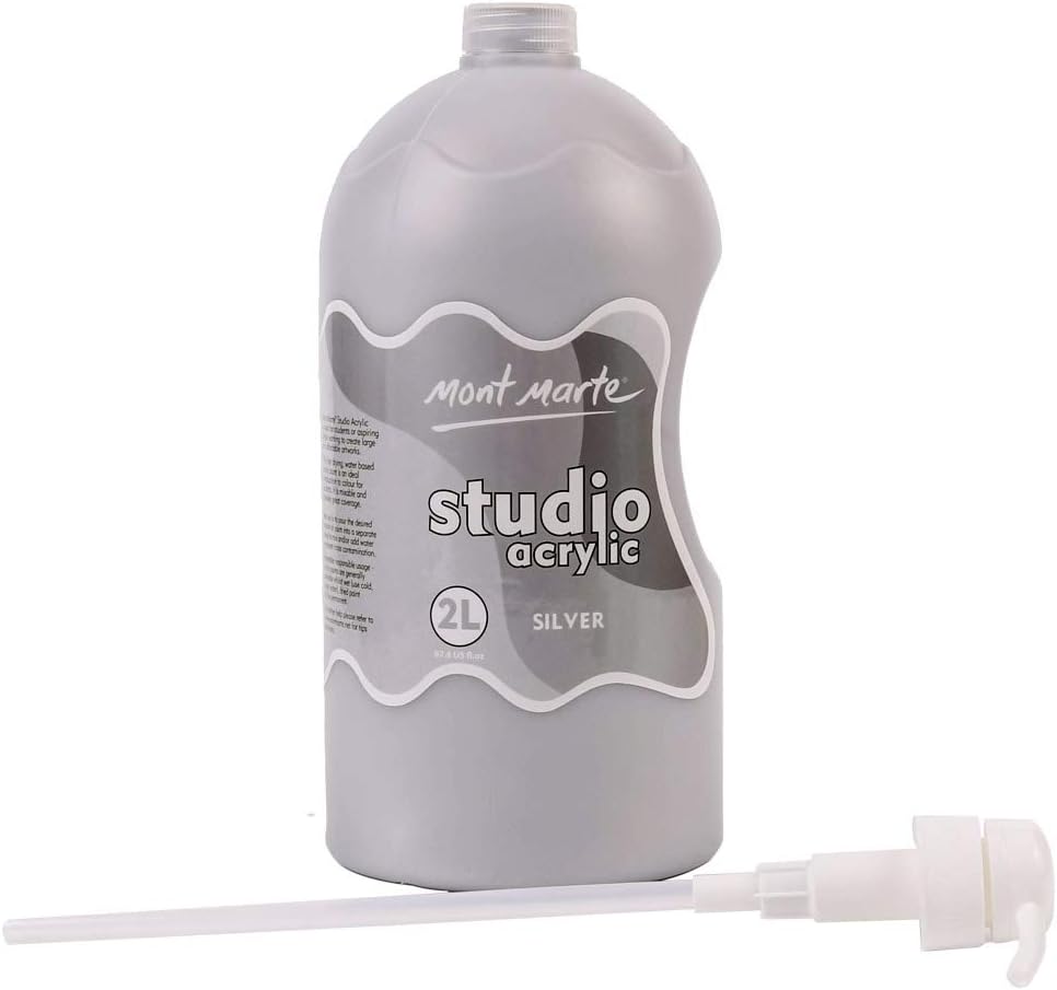 Mont Marte Discovery School Acrylic, Silver, 1/2 Gallon (2 Liter). Ideal for Students and Artists. Excellent Coverage and Fast Drying. Pump Lid Included.