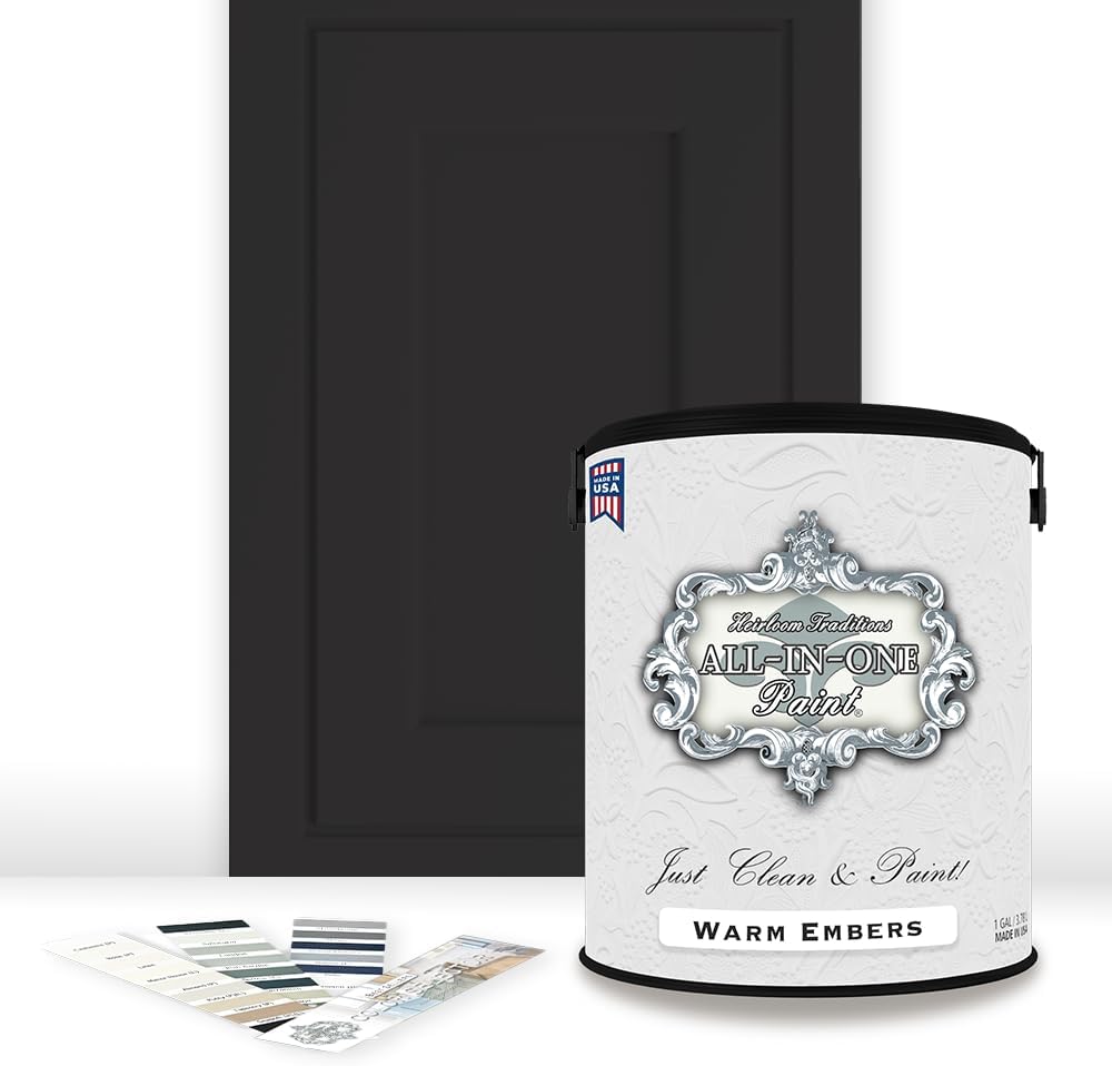 ALL-IN-ONE Paint, Durable cabinet and furniture paint. Built in primer and top coat, no sanding needed. Includes our 30 featured color card - Warm Embers (warm black), Gallon
