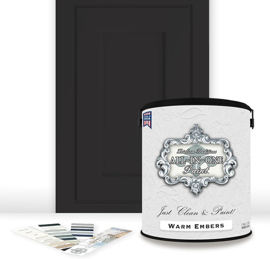 ALL-IN-ONE Paint, Durable cabinet and furniture paint. Built in primer and top coat, no sanding needed. Includes our 30 featured color card - Warm Embers (warm black), Gallon