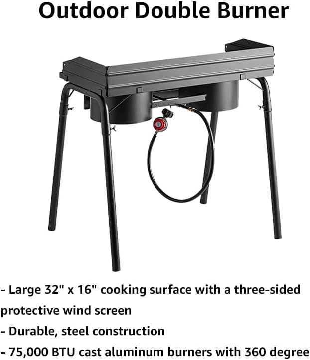 32" Gas Stove with Hose Guard, Steel Heavy Duty Double Burner Outdoor Patio Stove, Tank Cooker Perfect for Deep Frying or Steaming, Turkey Fry, Catered Events, Restaurants, Camping, Range - 150,000BTU