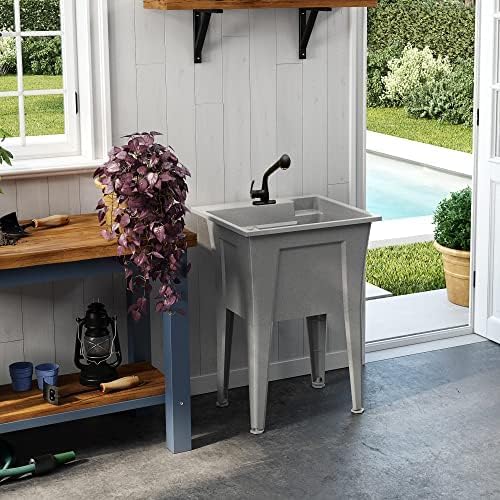 Freestanding Utility Sink with Two Handle Chrome Faucet - 24" Plastic Utility Sink for Garage, Laundry, Indoor and Oudoor Use - Laundry Tub Kit by Noah William Home - Grey (19.5 gal)