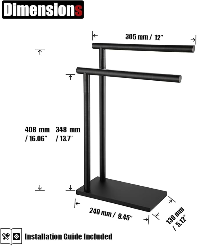 JQK Hand Towel Holder Stand Oil Rubbed Bronze, Modern Tree Rack Free Standing for Countertop with 12 Inch 2 Bars, 304 Stainless Steel ORB, HTT172-ORB