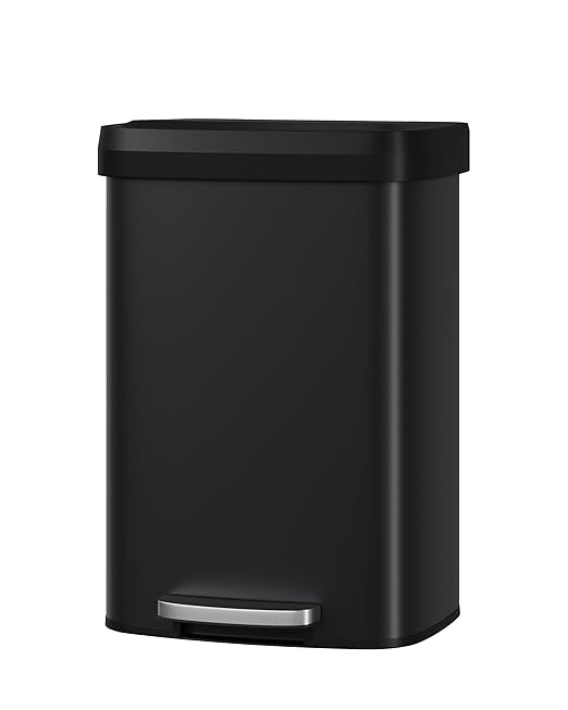 Garvee 13 gal / 50 L Metal Trash Can with Lid, Large Garbage Can for Kitchen, Rustproof Step-on Kitchen Metal Trash Bin with Liner Rim, Rear Handle, Soft Close Plastic Lid, Black