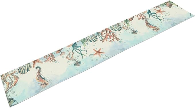Summer Beach Table Runner, Blue Sea Coastal Nautical Turtle Jellyfish Seashell Ocean Table Runner Seasonal Holiday Home Kitchen Dining Table for Home Party Decor 13"x108"