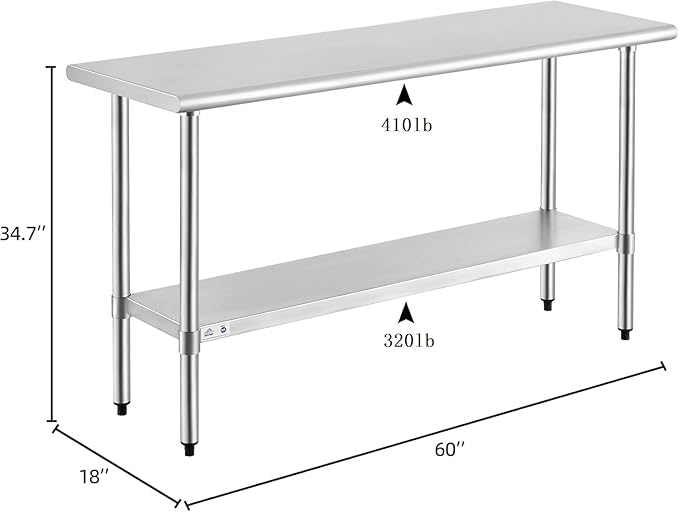 ROCKPOINT Stainless Steel Table for Prep & Work 18x60 Inches, NSF Metal Commercial Kitchen Heavy Duty Table with Adjustable Under Shelf and Table Foot for Restaurant, Home and Hotel