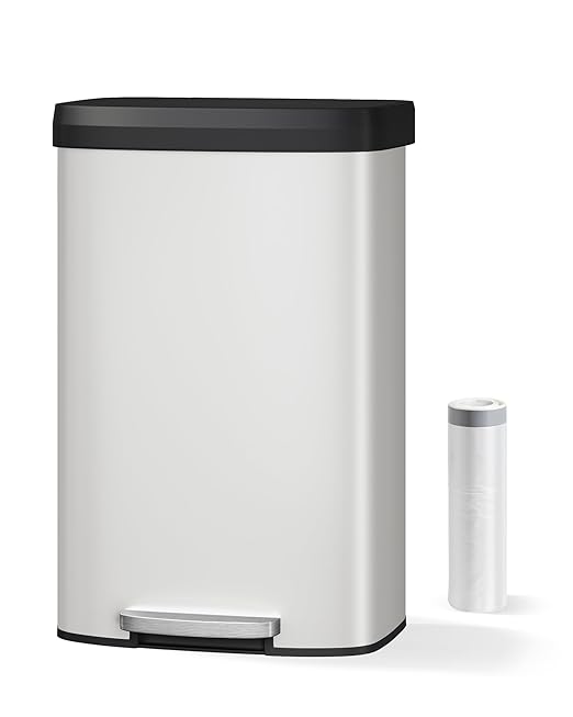 Garvee 21 gal / 80 L Metal Trash Can with Lid, Large Garbage Can for Kitchen, Rustproof Step-on Kitchen Metal Trash Bin with Liner Rim, Rear Handle, Soft Close Plastic Lid, White