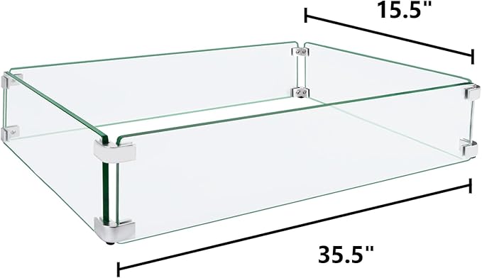 Fire Pit Wind Guard, 35.5"x15.5"x6" Glass Wind Guard for Fire Pit Square Table, Made of Clear Tempered Glass, Set with Assembly Instructions, Easy to Install
