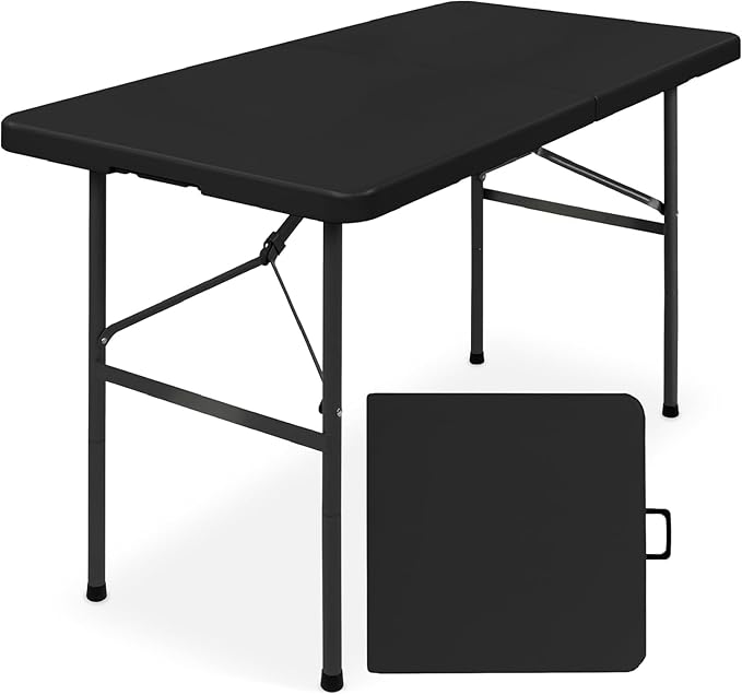 SIMPLI-Magic 4ft Portable Plastic Folding Table – 17% Thicker Than Others – Indoor & Outdoor Heavy-Duty Foldable Utility Table w/Handle for Party & Camping (Black)