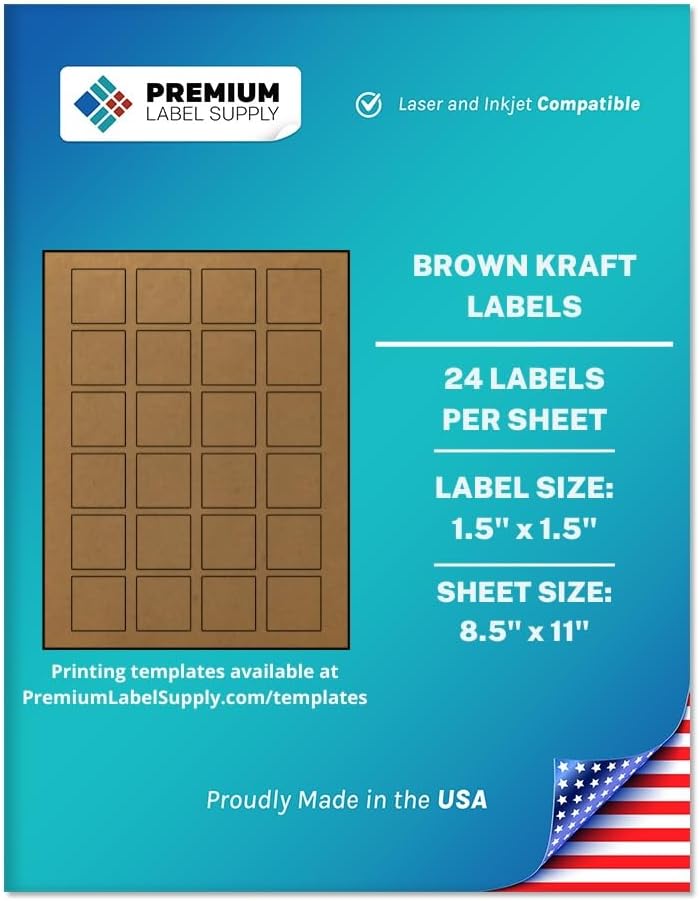 Premium Label Supply Brown Kraft Sticker Square Labels – 1.5" x 1.5" – Laser/Inkjet Compatible – (24 per Sheet), 500 Sheets – 12,000 Total Adhesive Labels