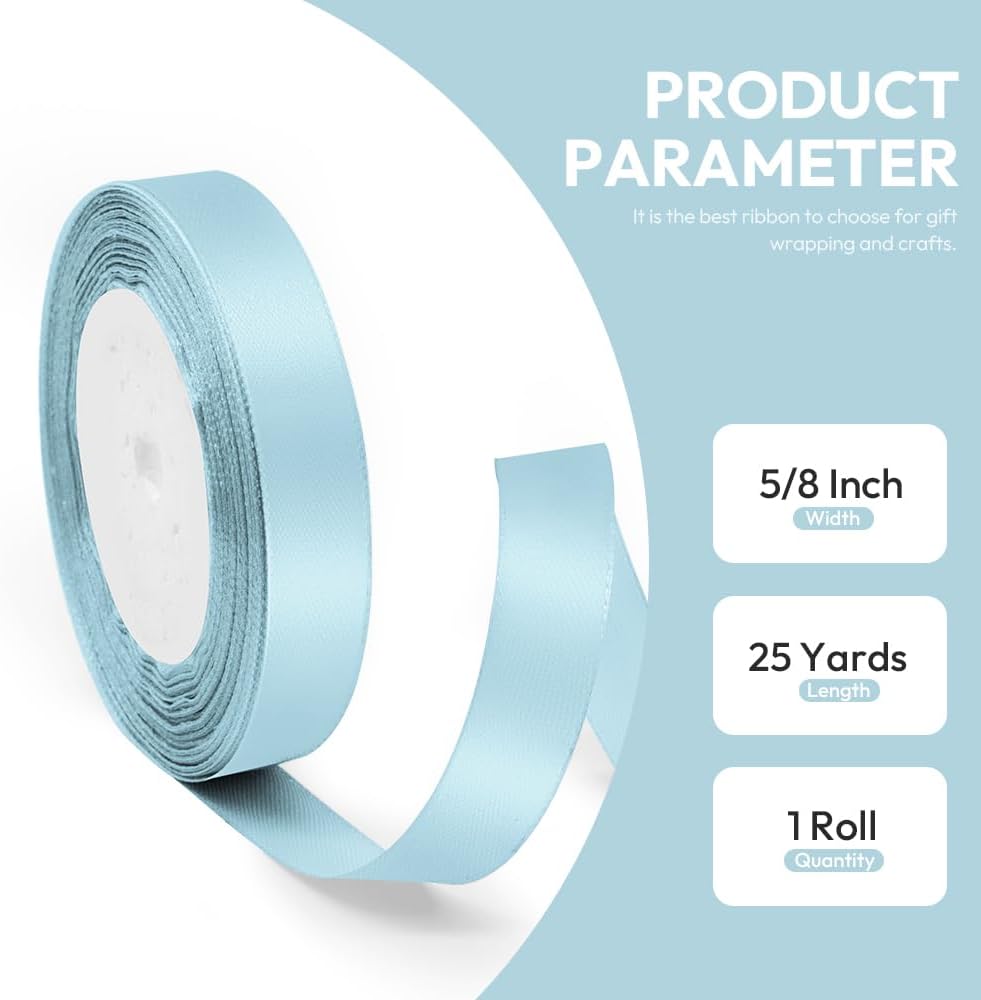 5/8" x 25 Yards Satin Ribbon, Light Blue Silk Ribbon Ideal for Gift Wrapping, Floral Bouquets, Crafts, Wedding Party Decorations, Christmas and Sewing Projects