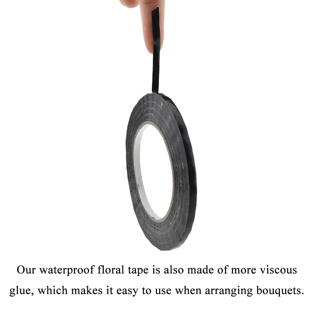 HAHIYO Black 0.25Inch Wide Floral Tape Waterproof Florist Tape Flower Wrap Adhesive Waterproof Decorative Tape for Bouquet Stem Wrapping Flower Arranging and Floral Craft, 2Rolls 200Feet/66Yard Total